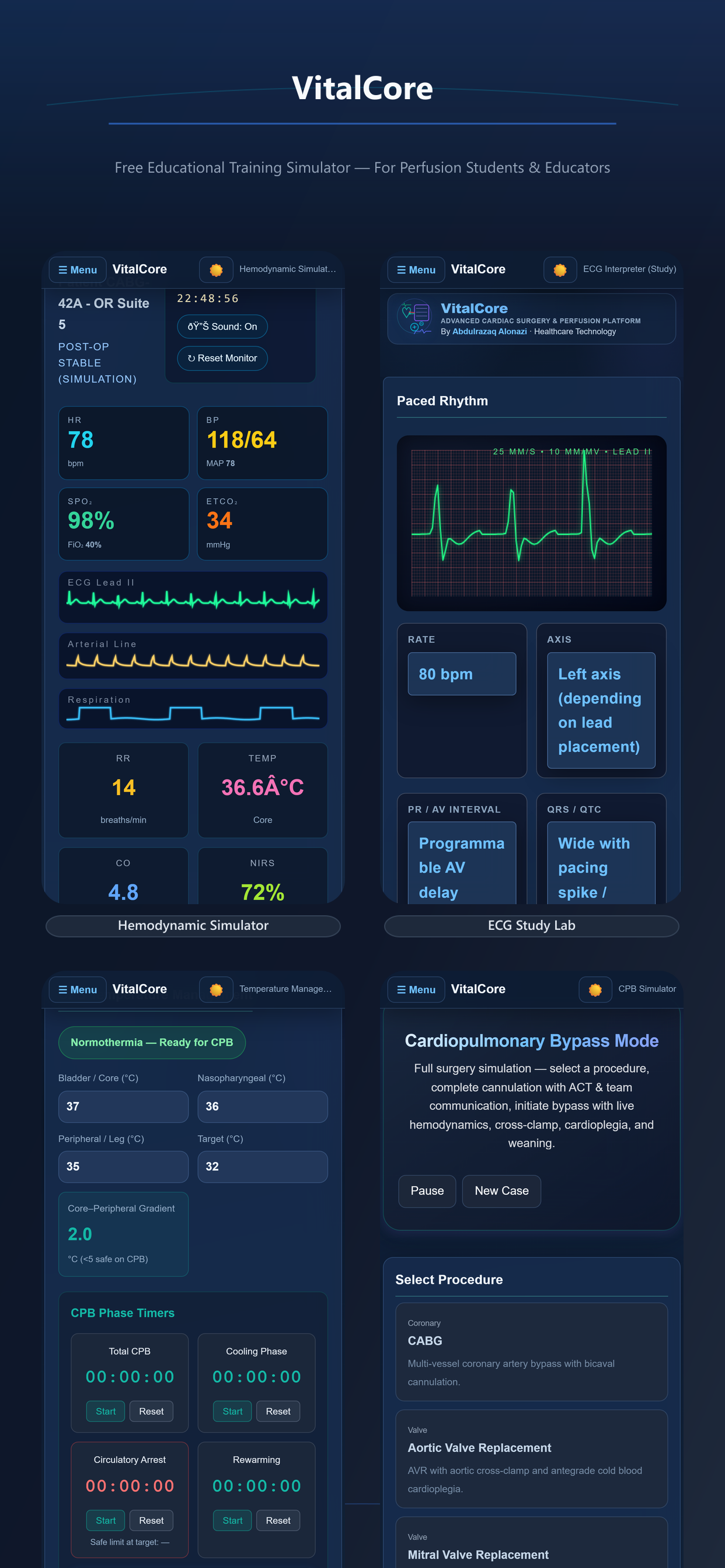 VitalCore app overview — simulators, study tools, and clinical reference modules