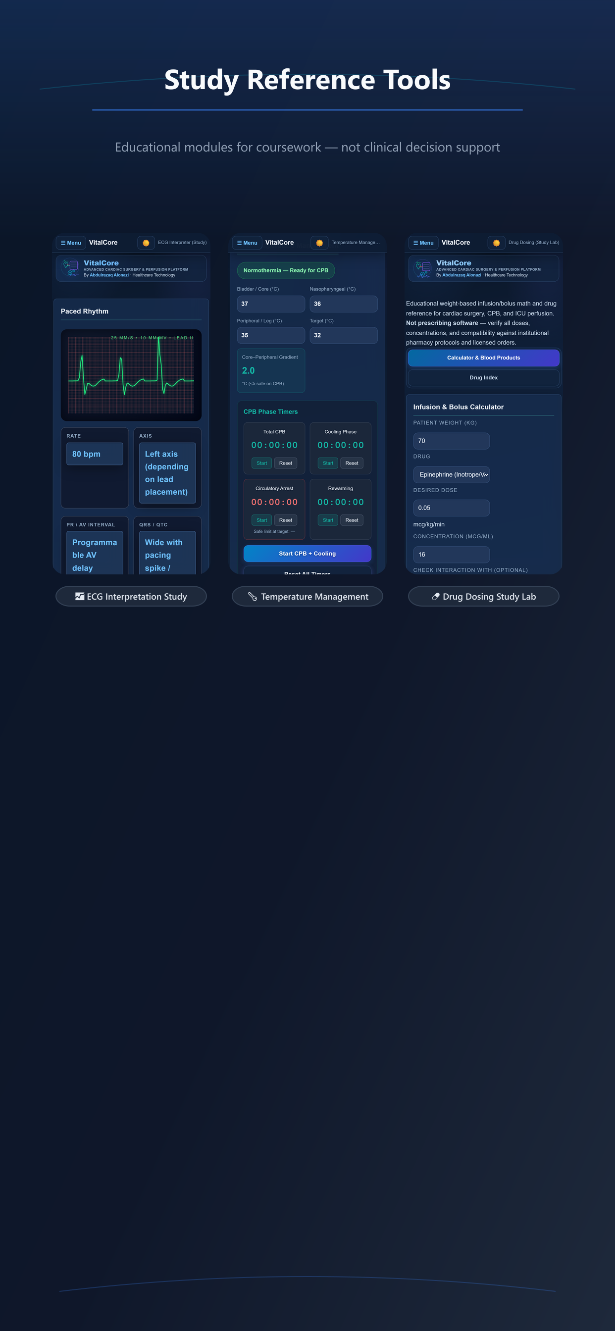 VitalCore study tools — dosing, valves, and reference modules